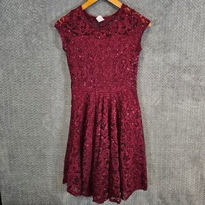 Just Kids Girls Burgundy Floral Lace Sequin Fit & Flare Dress Size 14 2102